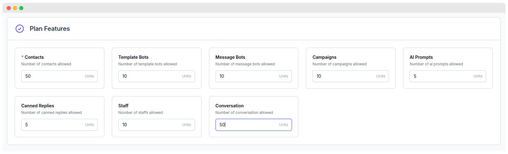 WhatsMarkSaaS Feature Limits