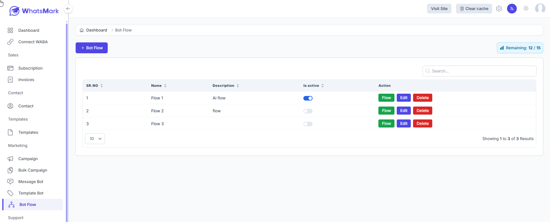 Bot Flow List Page