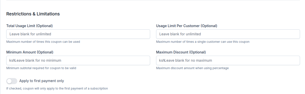 Coupon Restrictions Interface