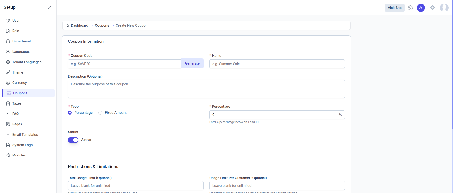 Create New Coupon Form