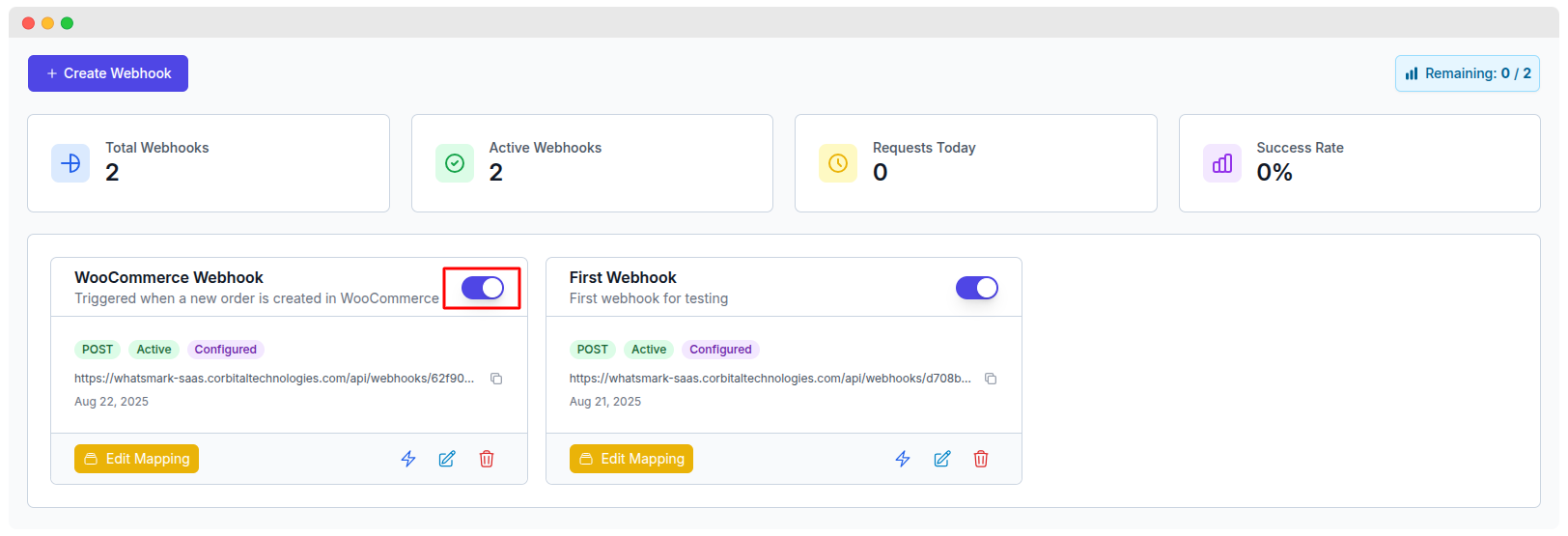 Webhook Dashboard Overview