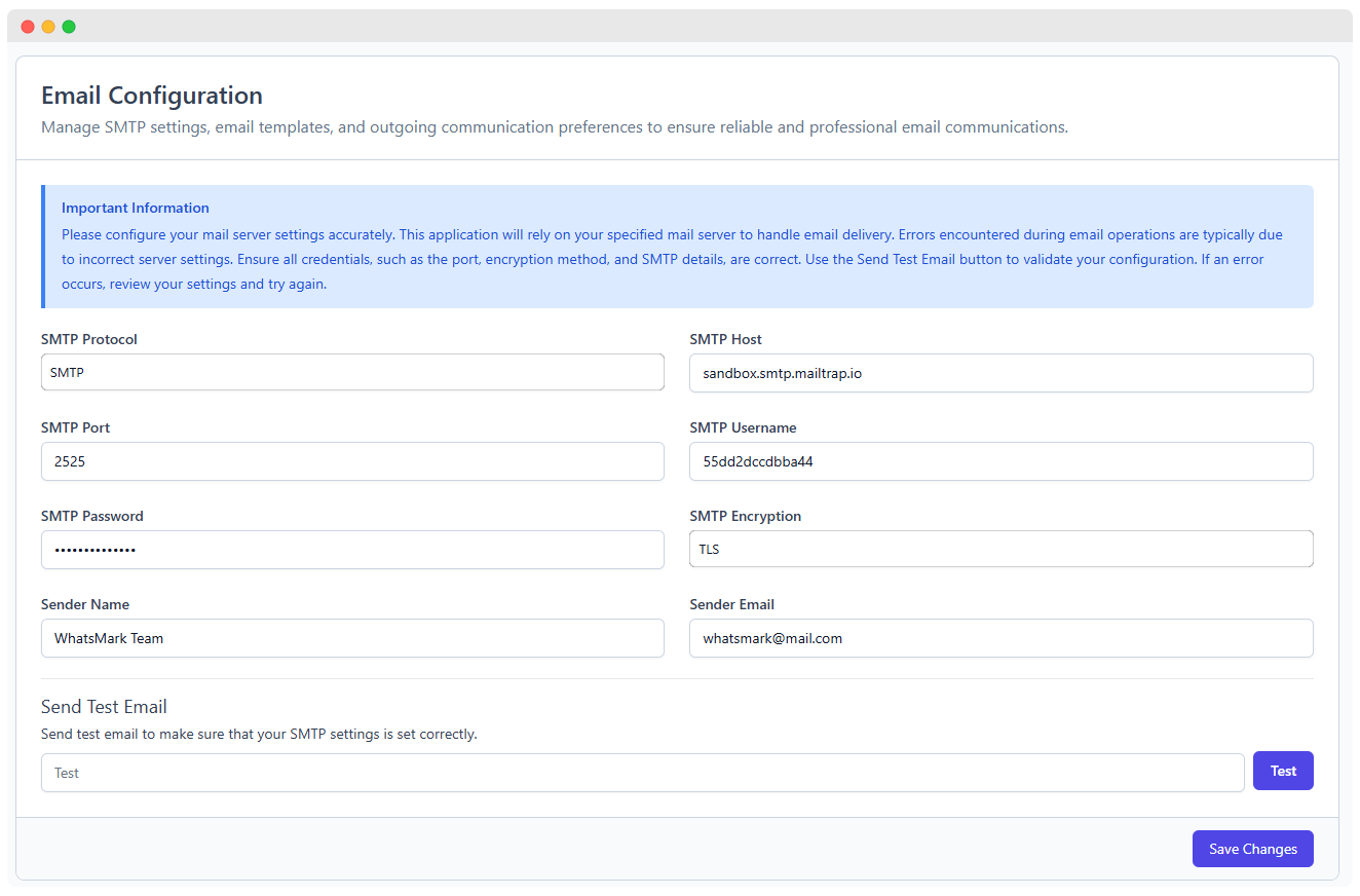 WhatsMarkSaaS Email Settings