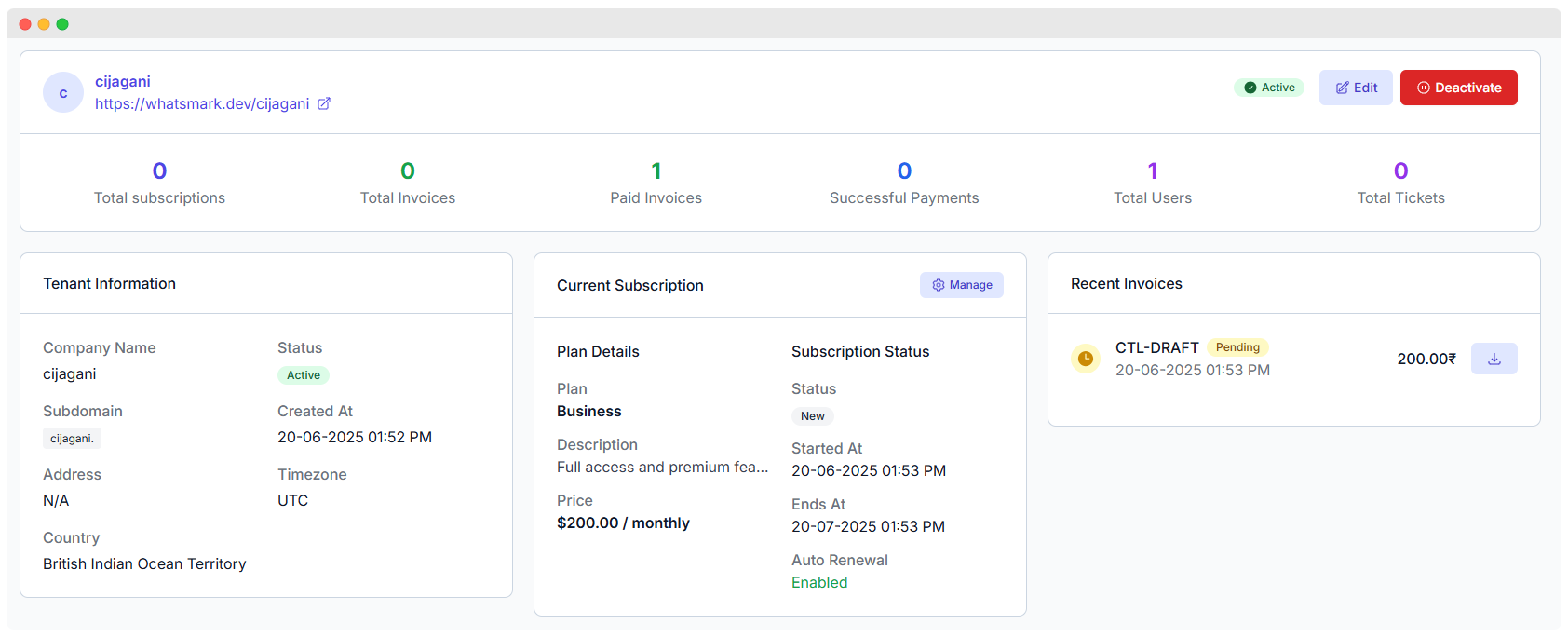 WhatsMarkSaaS Tenant Details