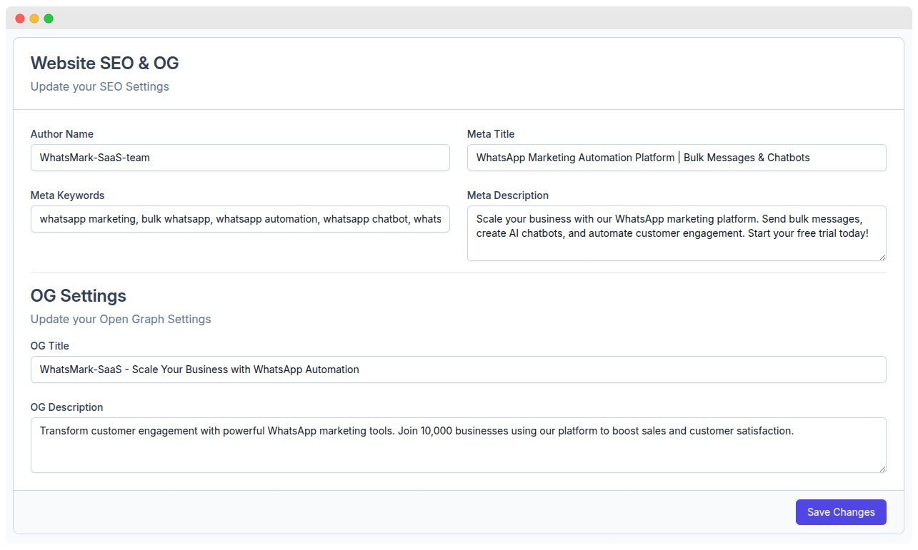 WhatsMarkSaaS SEO Settings